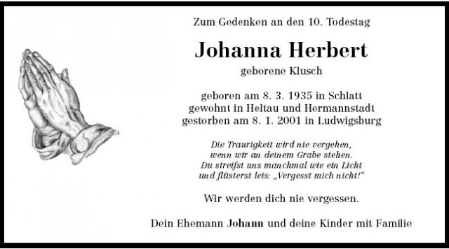 Klusch Johanna 1935-2001 Todesanzeige